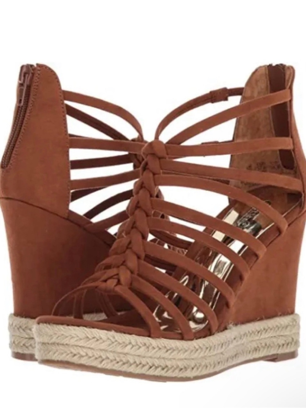 Carlos Santana Tan Braided Strappy Espadrille Wedge Sandals
